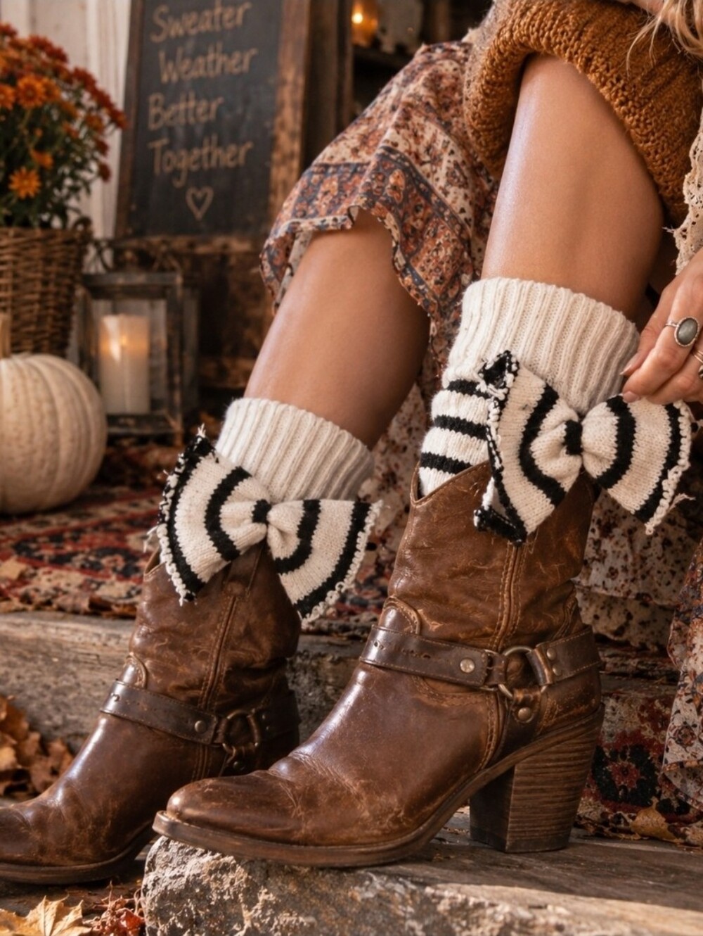4/$15 Black & Cream Striped Bow Boot Cuffs | Knit Leg Warmers | Y2K Boho
